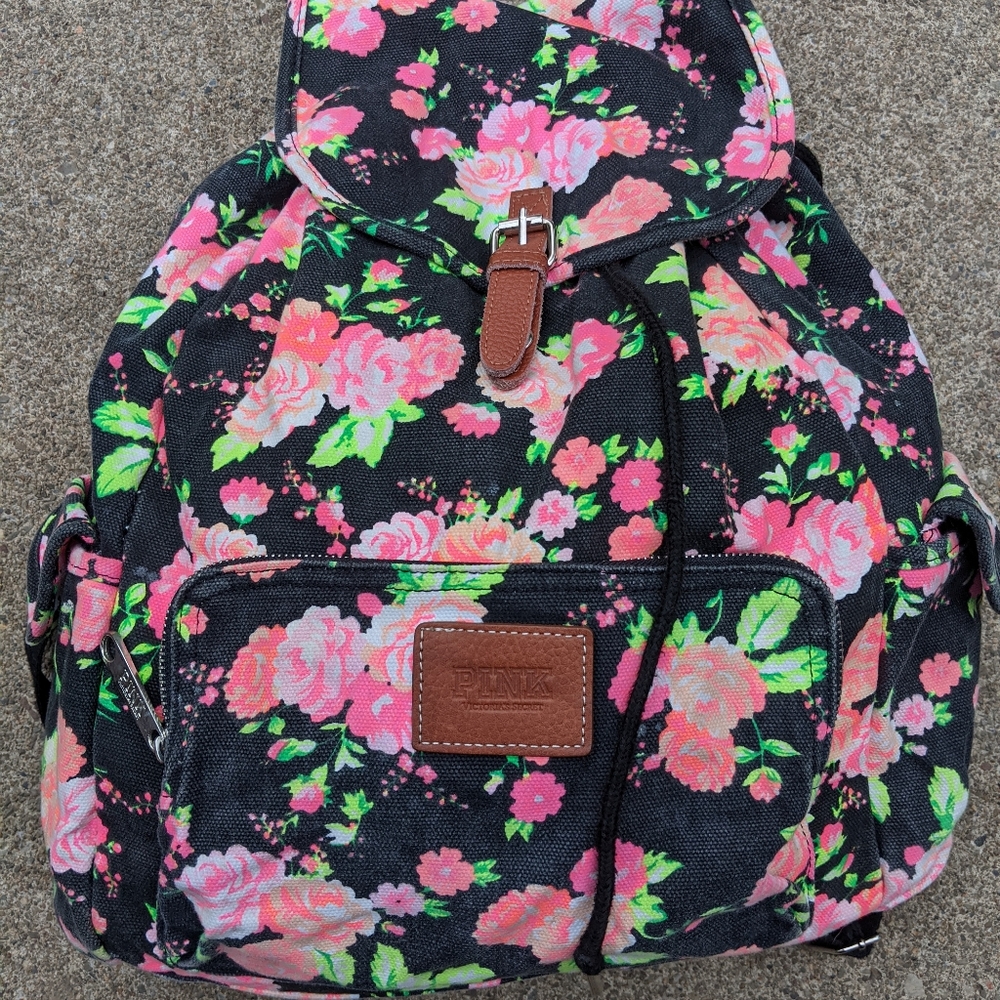 Pink Victoria Secret Floral Neon Backpack EUC